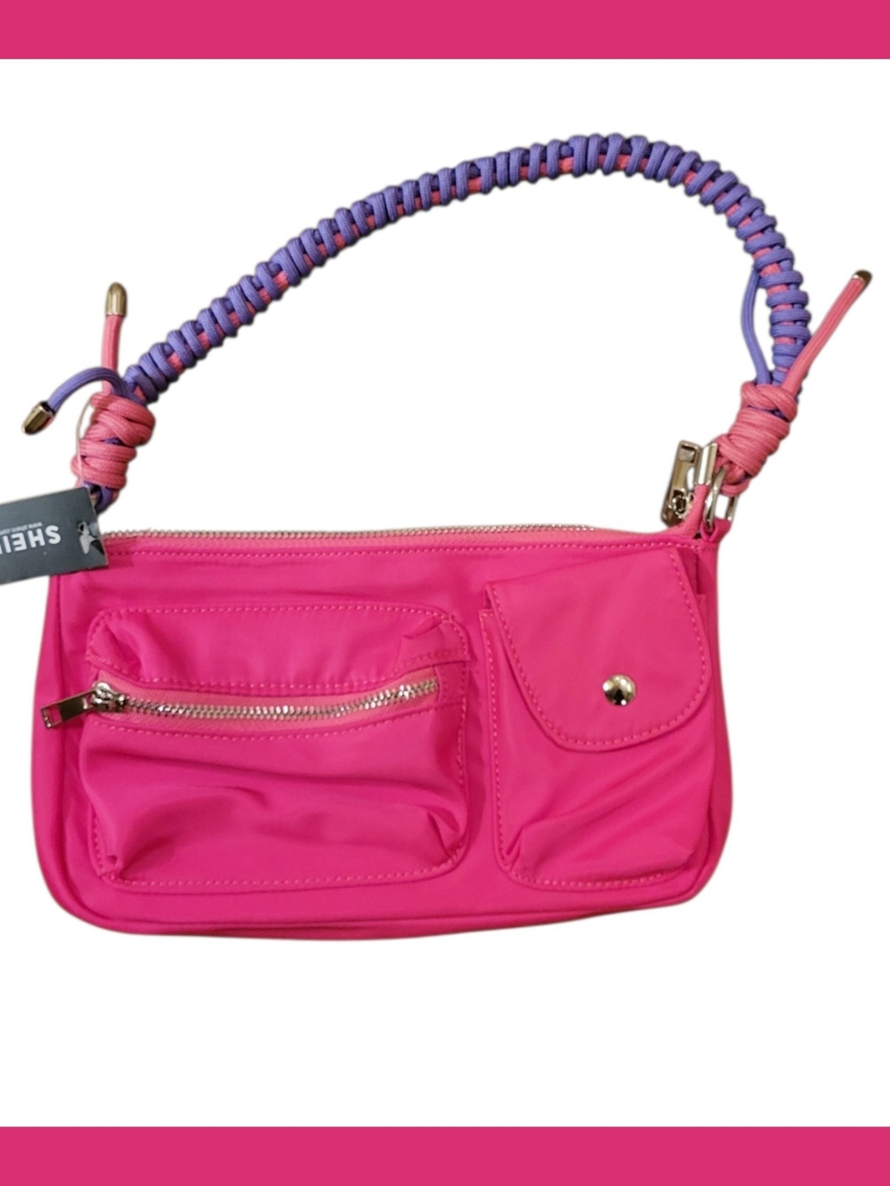 SHEIN Vibrant Pink Shoulder Bag with Braided Purple-Pink Strap